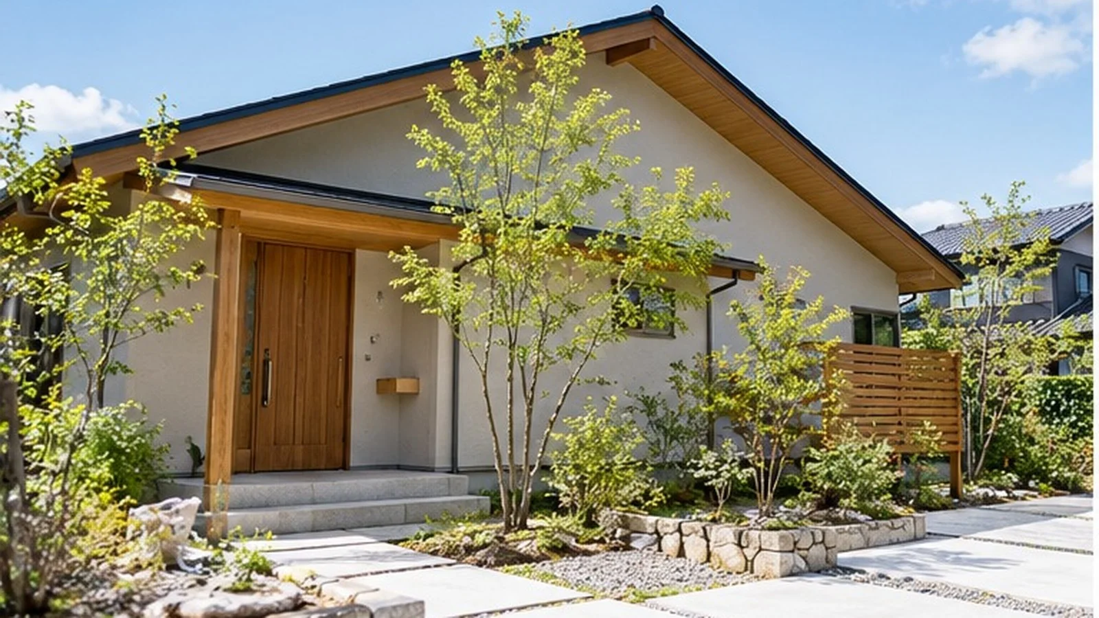 木の玄関と緑に囲まれた平屋の外観