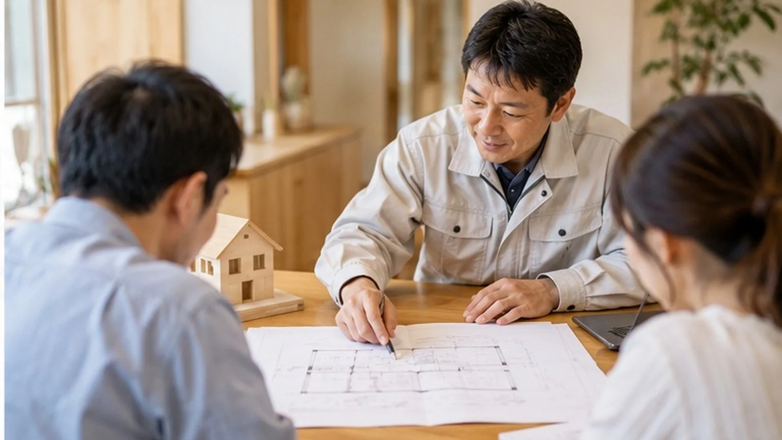 図面を見ながら家づくりを相談する様子
